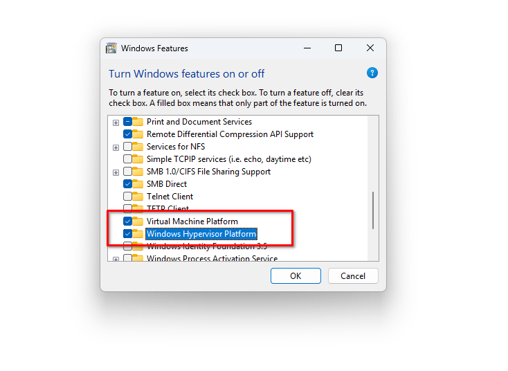 Habilitando os recursos WSL no Windows 11.