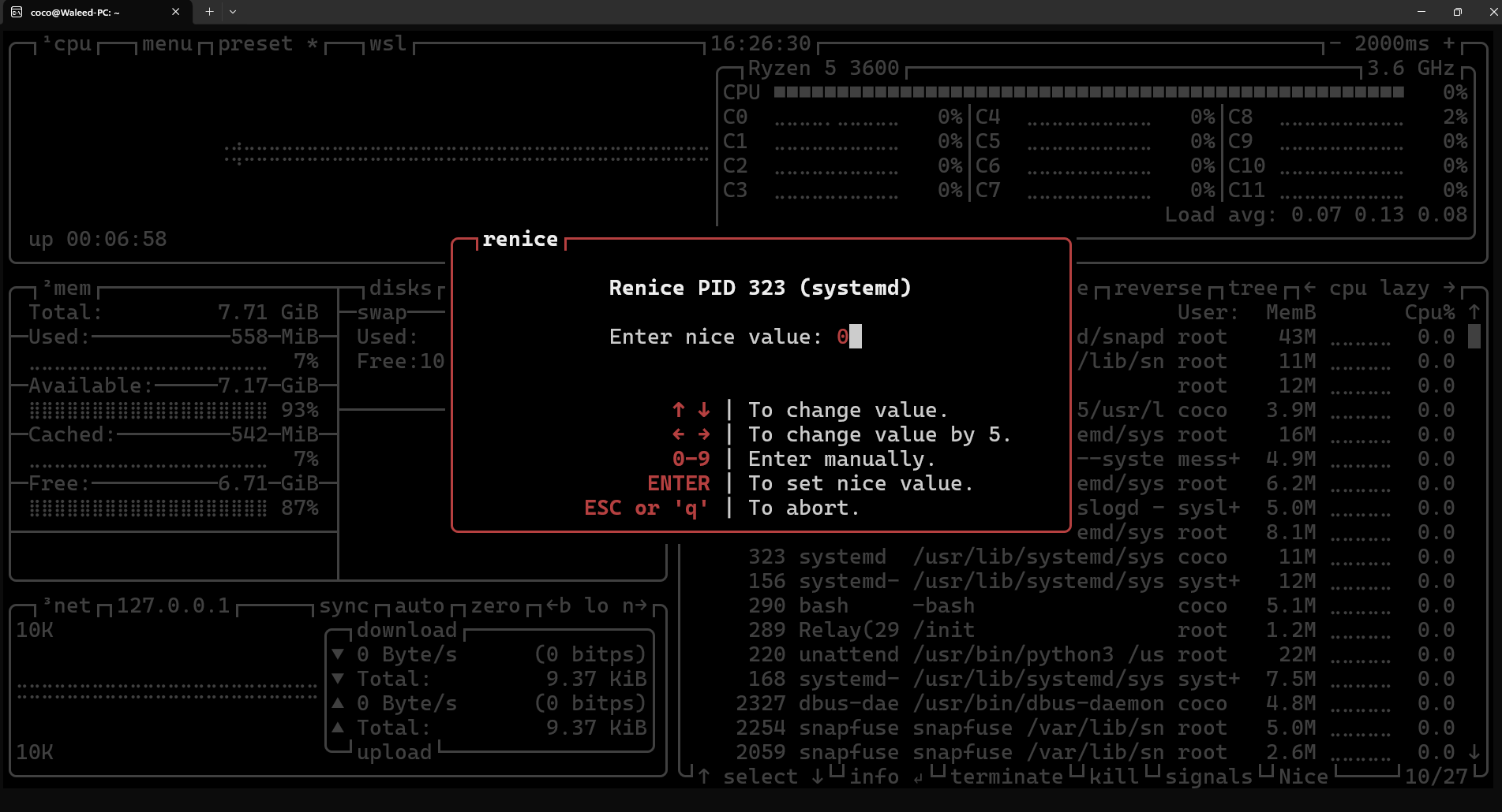 Renice processes with Btop++.