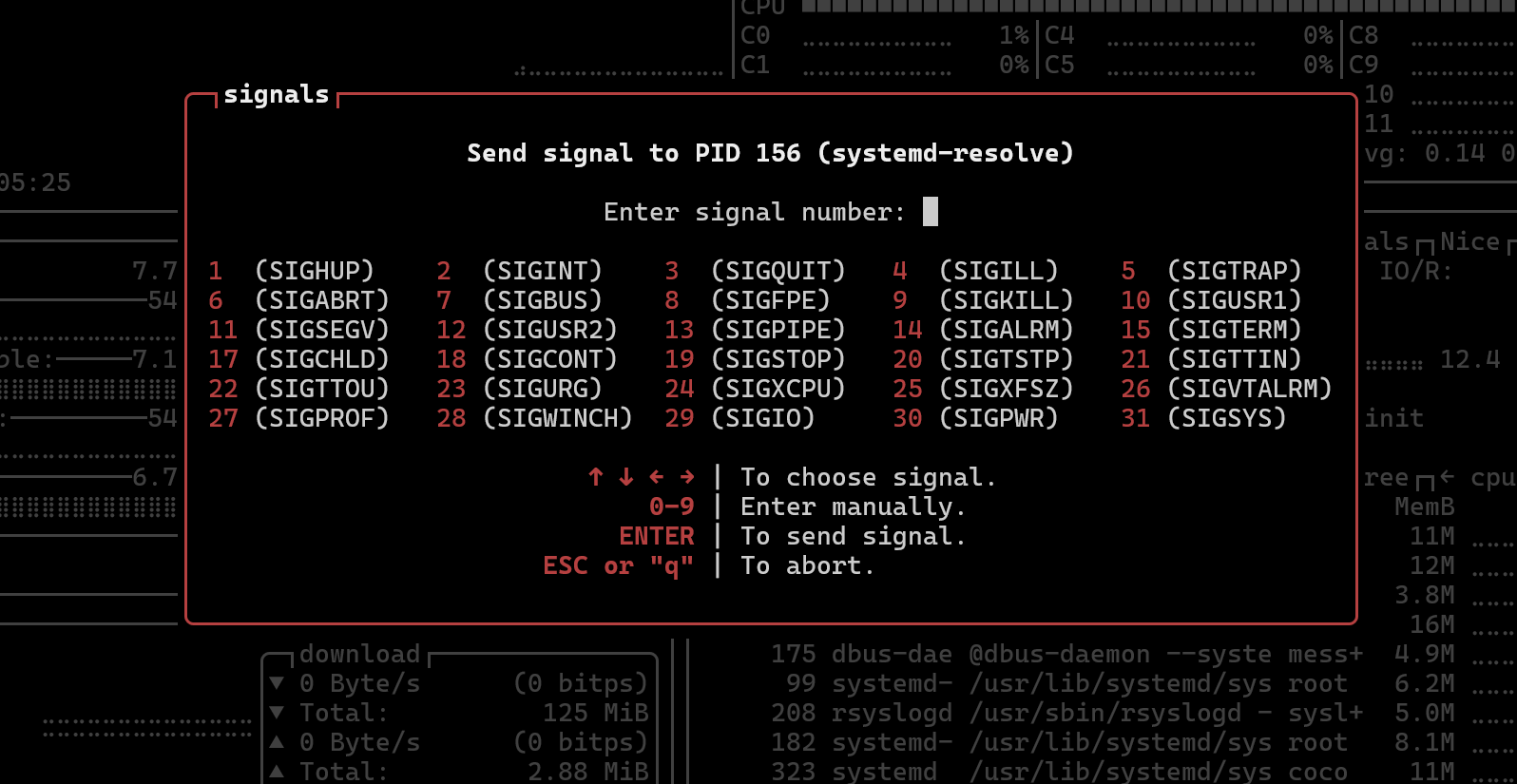 Btop++ process signals.