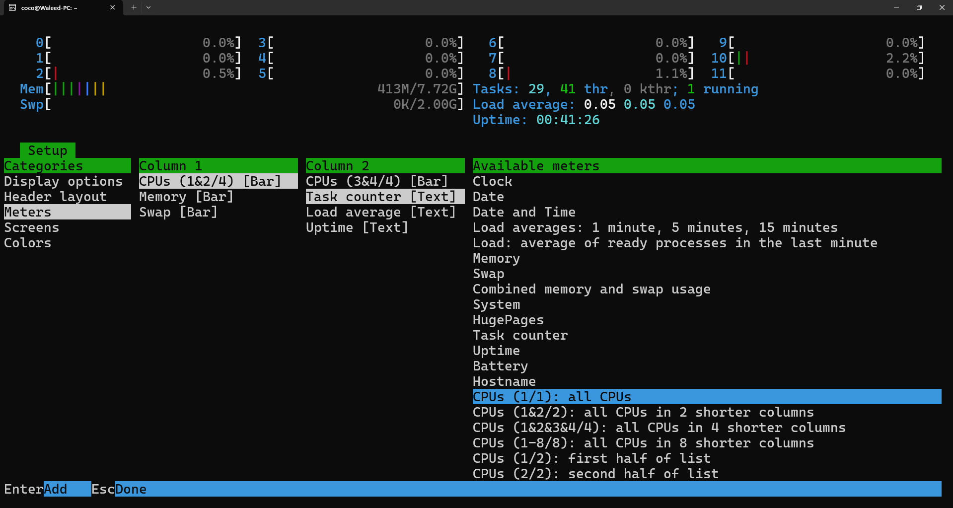 Adding meters to the Htop interface.