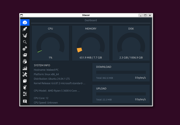Stacer dashboard.