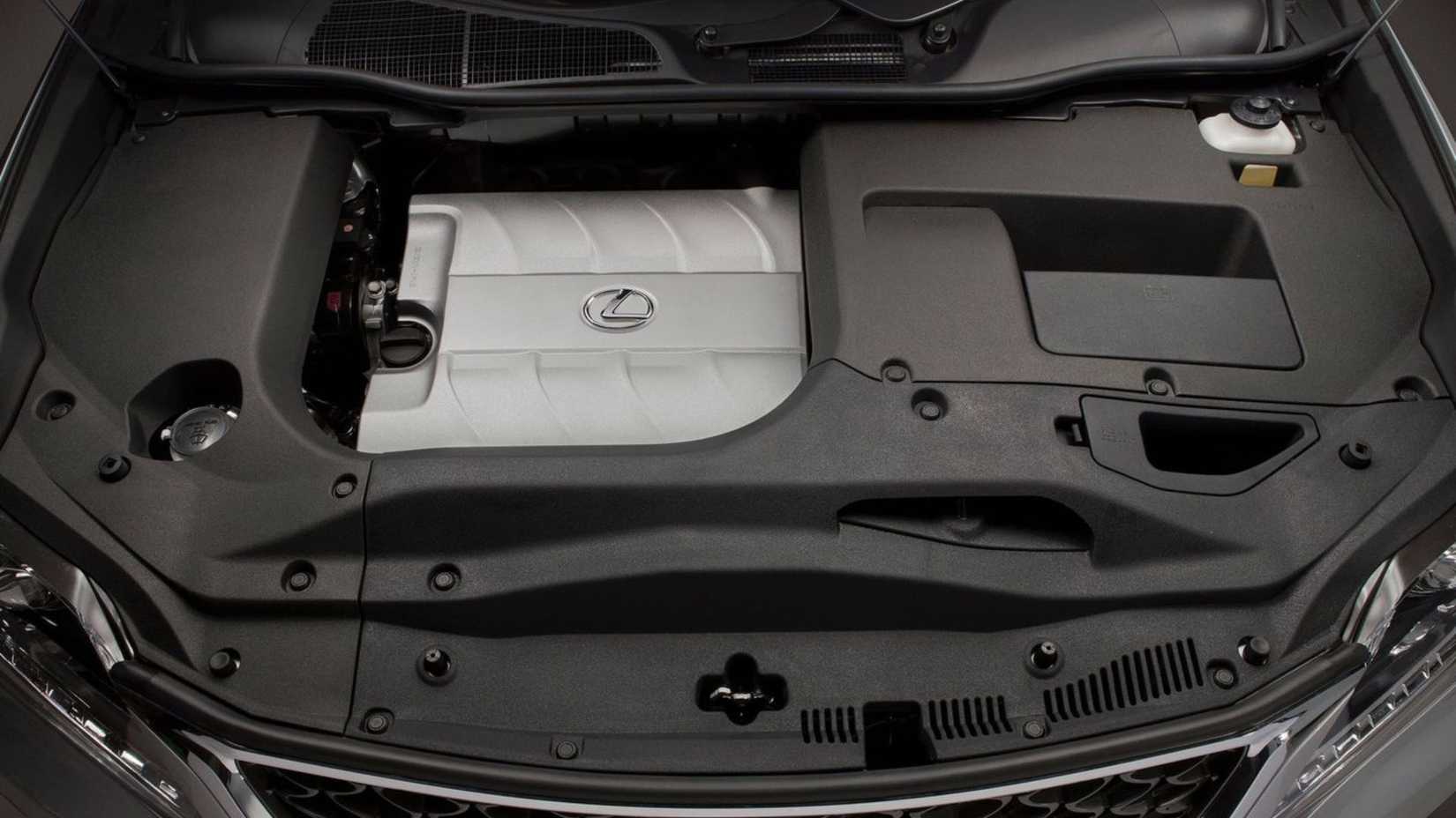 Close-up of the engine under the hood of a 2013 Lexus RX 350 F Sport.
