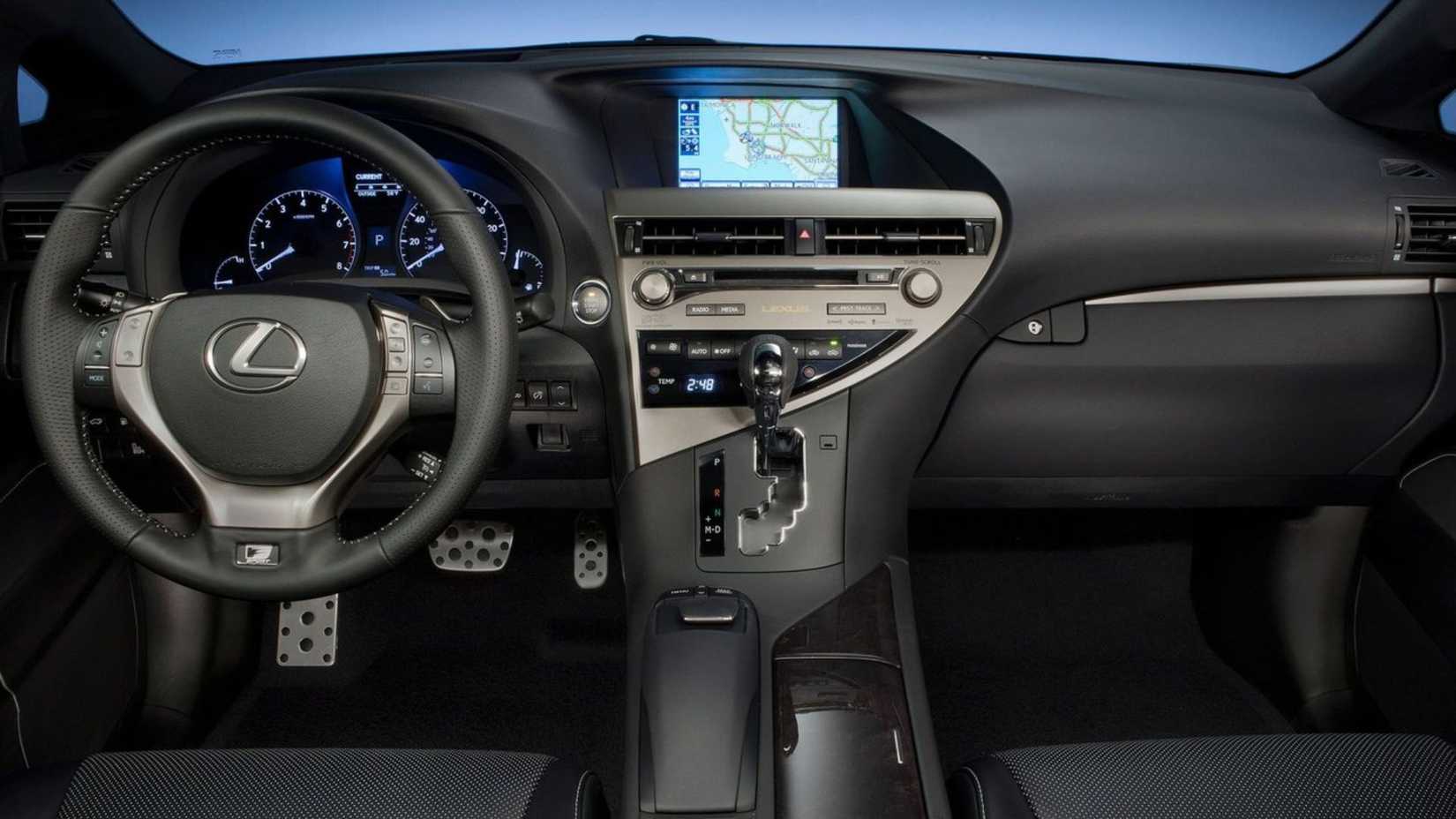 Close-up of the steering wheel and dashboard of a 2013 Lexus RX 350 F Sport.