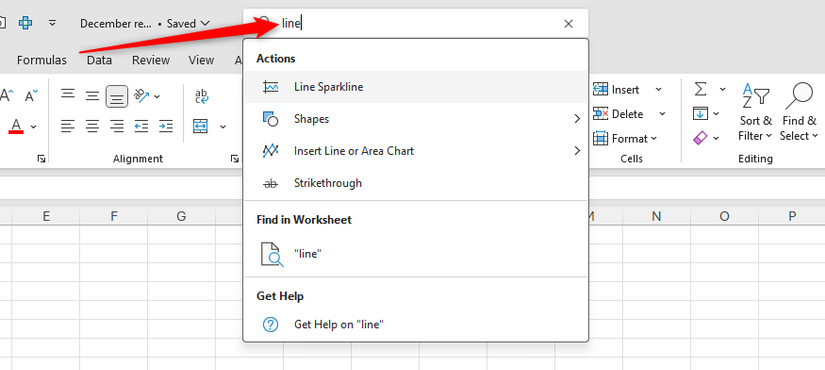 Hình ảnh 29: Từ 'line' được nhập vào thanh tìm kiếm của Excel, và các công cụ khác nhau khớp với từ tìm kiếm này được hiển thị bên dưới.