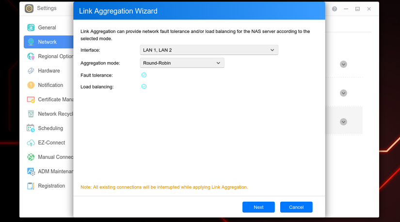Link aggregation wizard in ADM for an Asustor NAS.