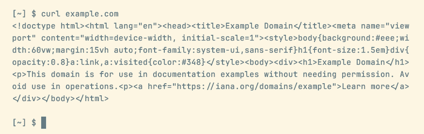 Salida del comando curl que muestra el código fuente HTML de una página.