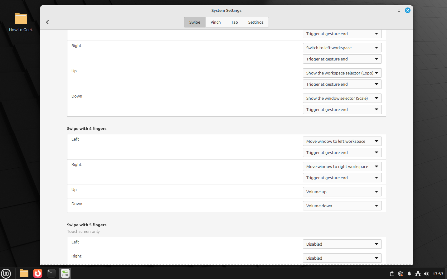 Linux Mint Cinnamon touchpad gesture configuration options.