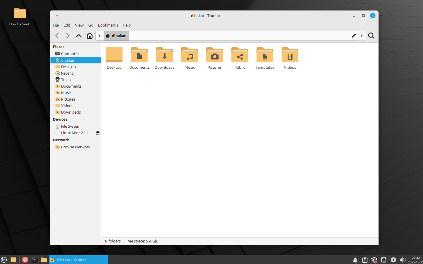 Linux Mint Xfce file manager.