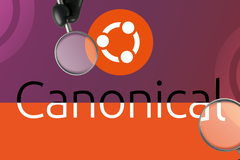 Magnifying glasses examining the Canonical text and Ubuntu logo.