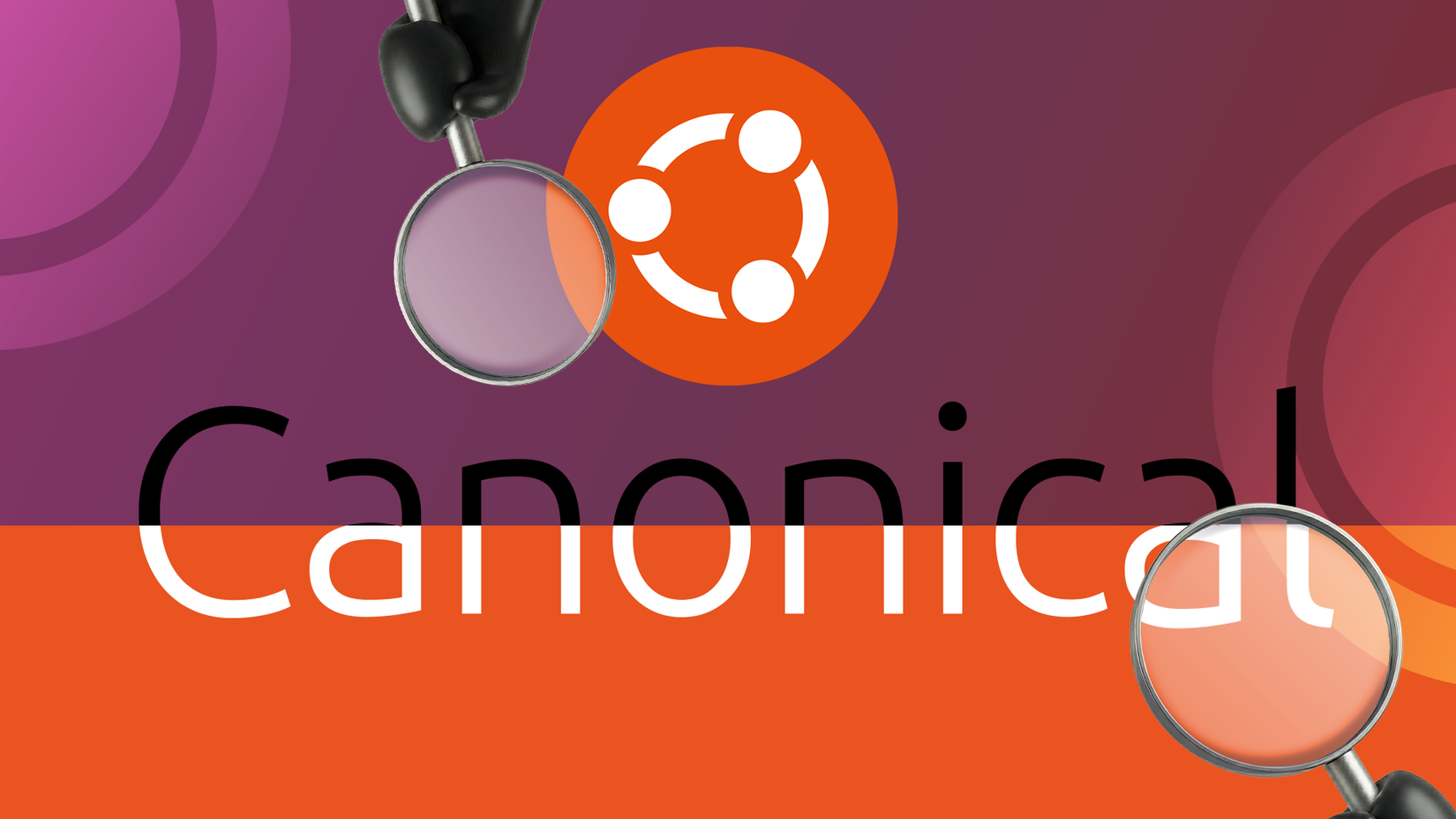 Magnifying glasses examining the Canonical text and Ubuntu logo.