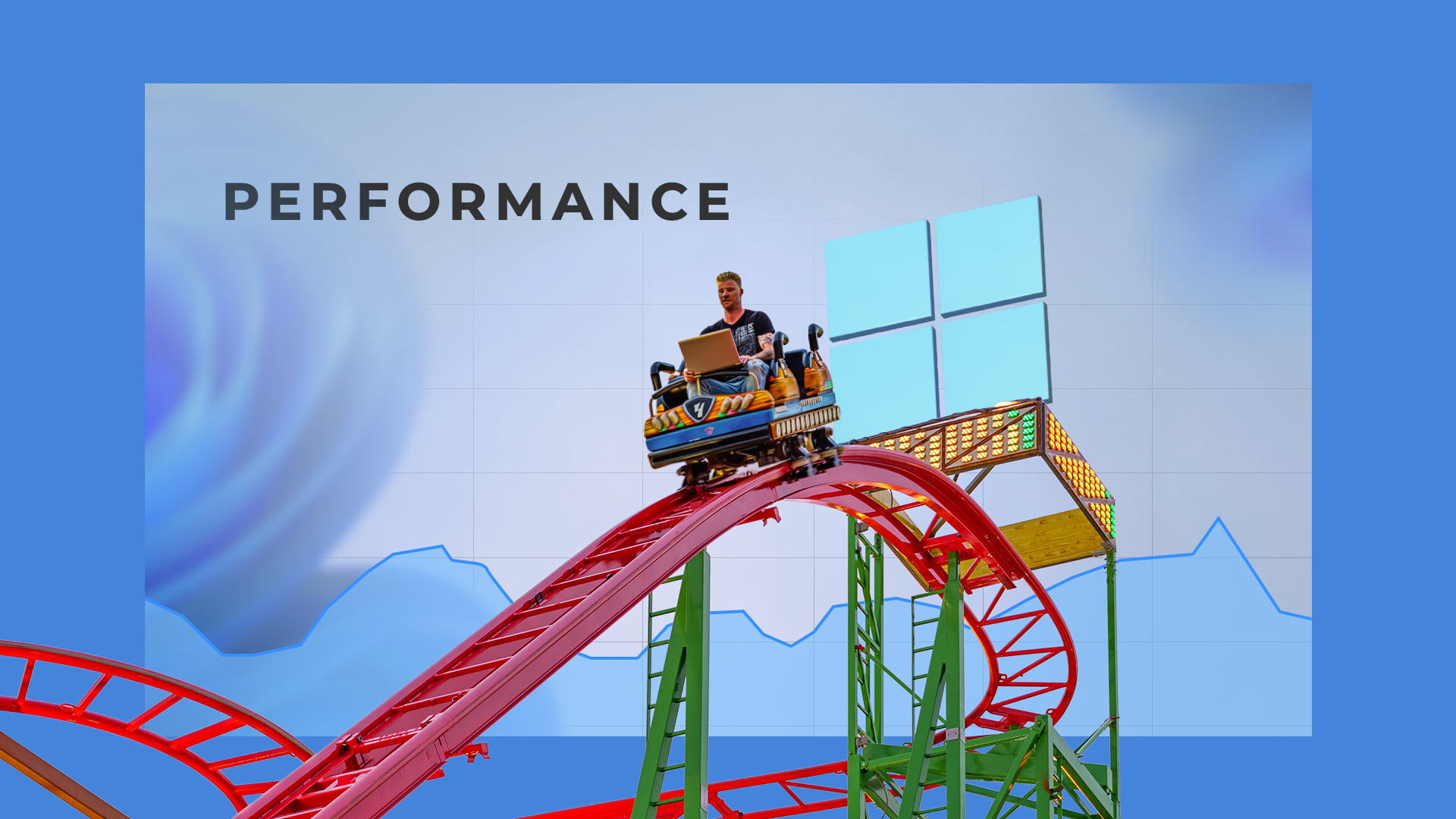 Man using a laptop on a roller coaster with a Windows performance graph in the background.