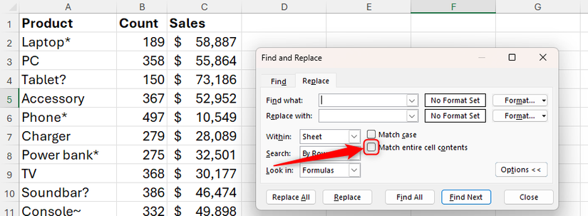 Because question marks represent only part of strings rather than the entire cell contents, make sure that 