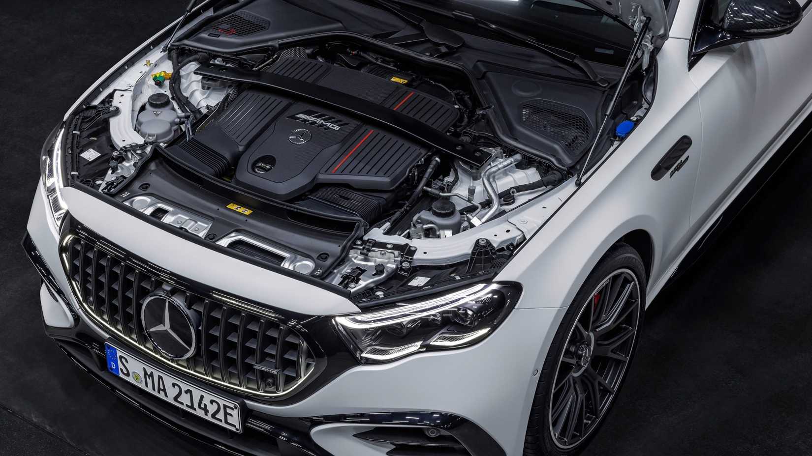Close-up of the engine compartment of a 2025 Mercedes-AMG E53 