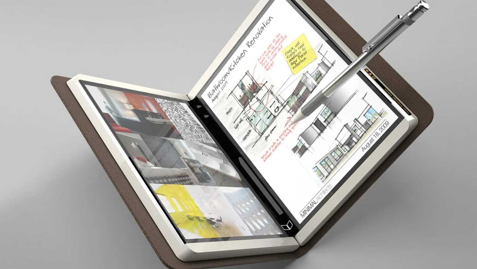 Uma foto mostrando o tablet com tela de toque duplo Microsoft Courier. 