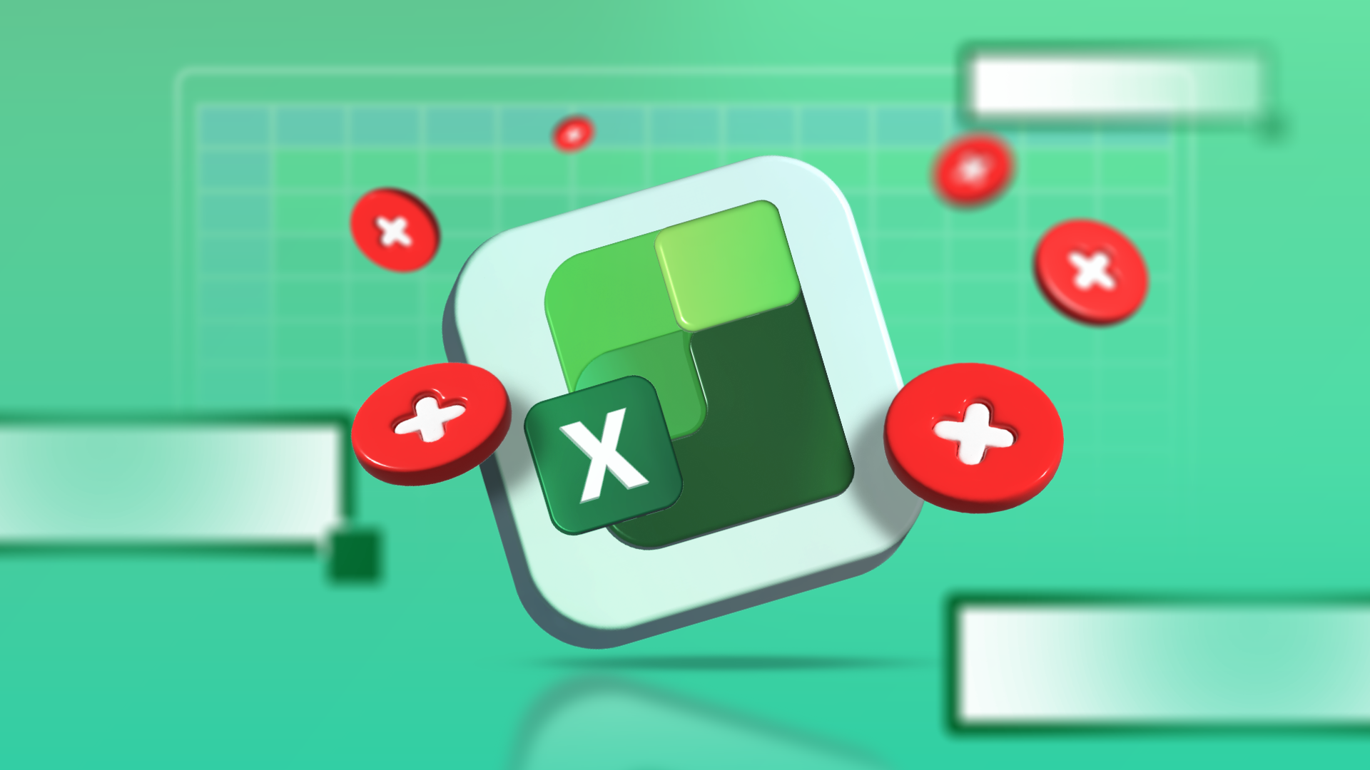 Microsoft Excel logo floating over a blurred spreadsheet with red 'X' error symbols around it.