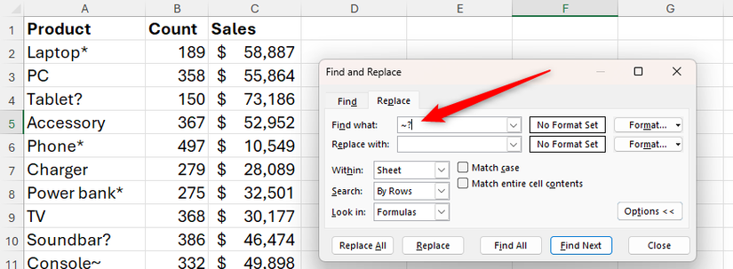 Hình 9: Hộp thoại Tìm và Thay thế của Microsoft Excel, với dấu ngã và dấu chấm hỏi được nhập vào trường 'Tìm gì' (Find What), và trường 'Thay thế bằng' (Replace With) để trống.