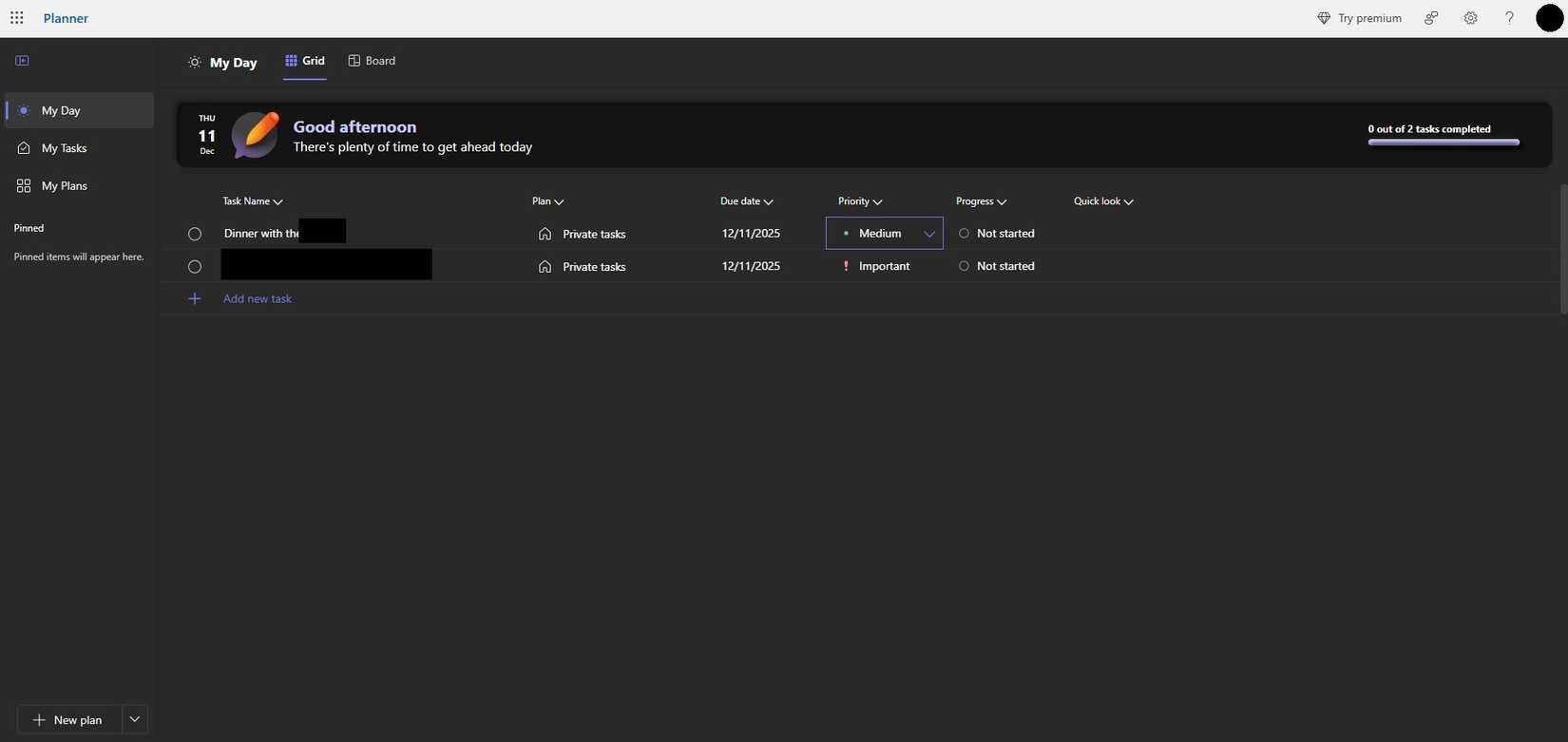 A screenshot of the Microsoft Planner project management app open to the My Day tab. The browser is in dark mode.