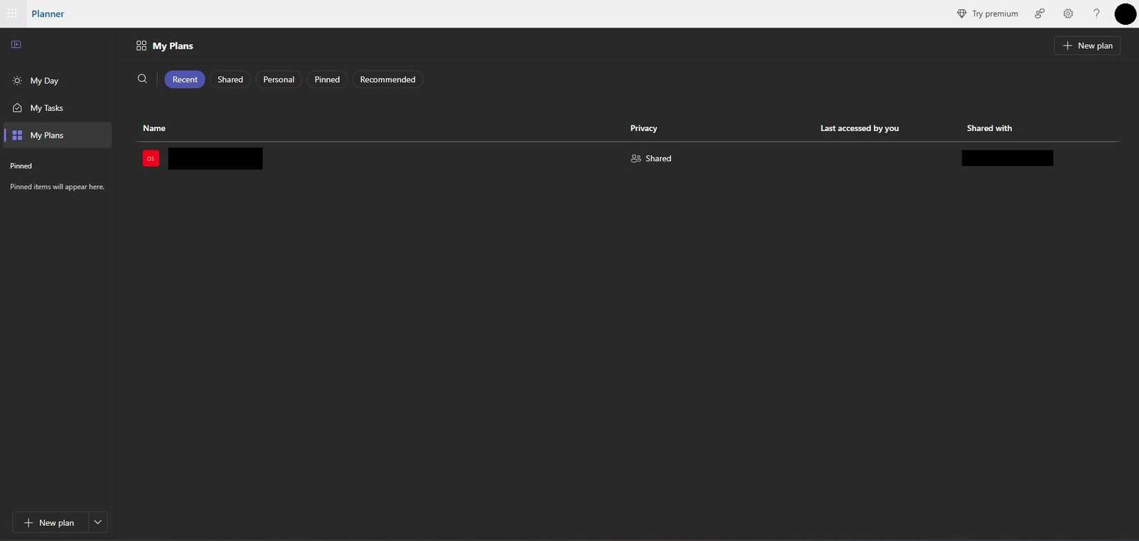 A screenshot of Microsoft Planner open the the My Plans tab. The browser is in dark mode