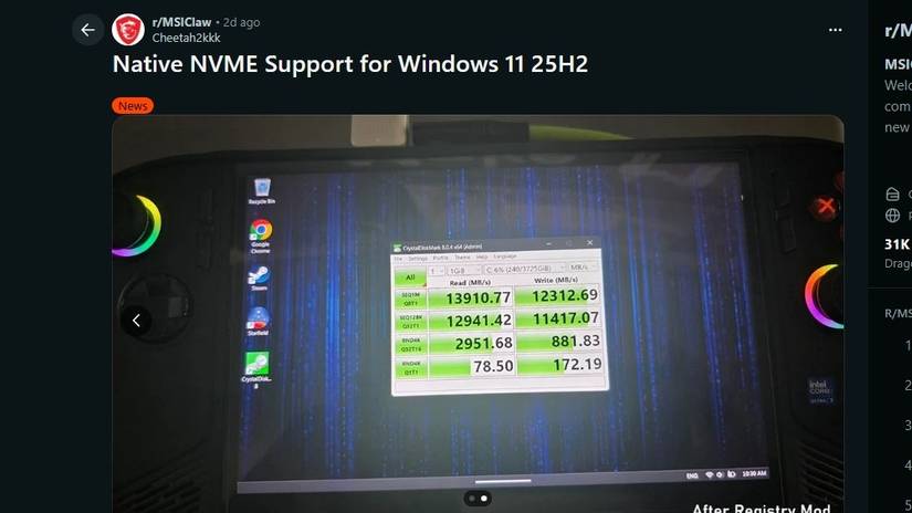 Uma captura de tela de uma postagem do Reddit mostrando ganhos de desempenho usando NVMe nativo no portátil MSI Claw.