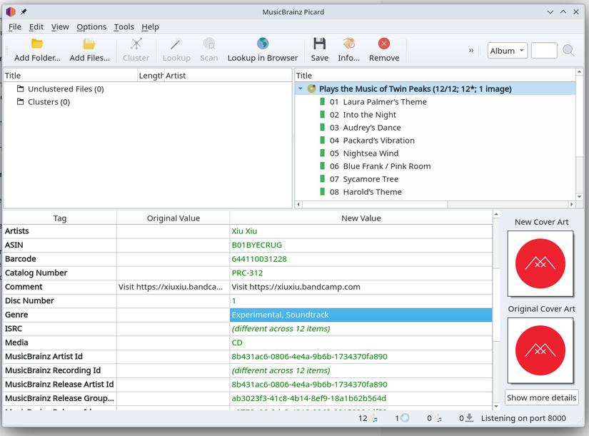 Aplicativo MusicBrainz rodando em Linux com um álbum sendo editado.