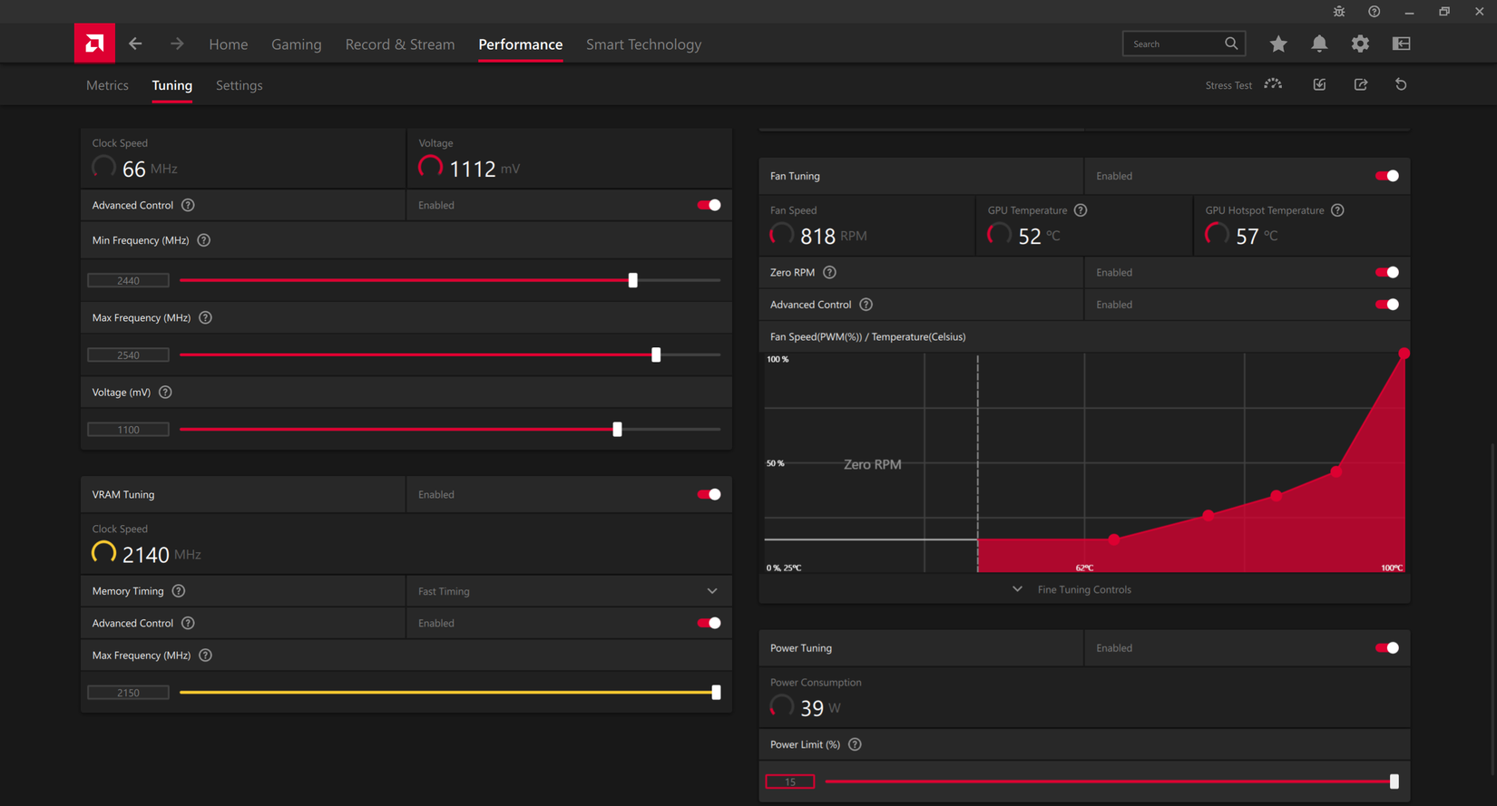 The settings of an overclocked RX 6800 XT graphics card.