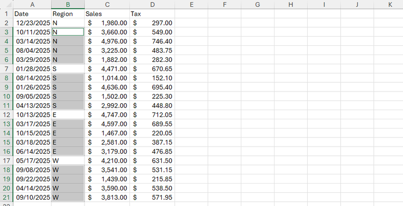 N, S, E, and W are automatically filled in an Excel sheet using a Ctrl+Enter trick alongside Go To Special.