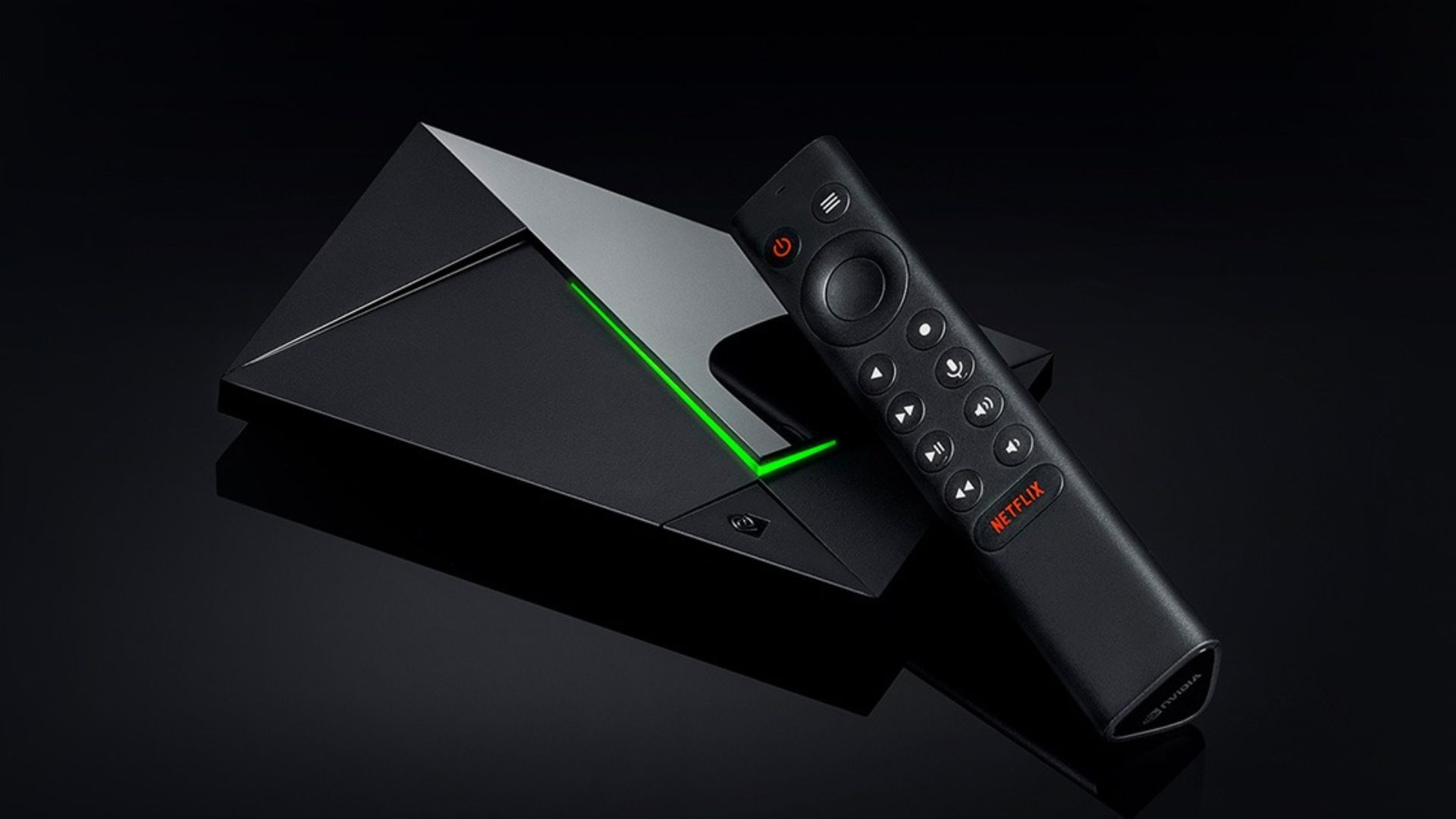 NVIDIA Shield TV Pro sitting on a black background.