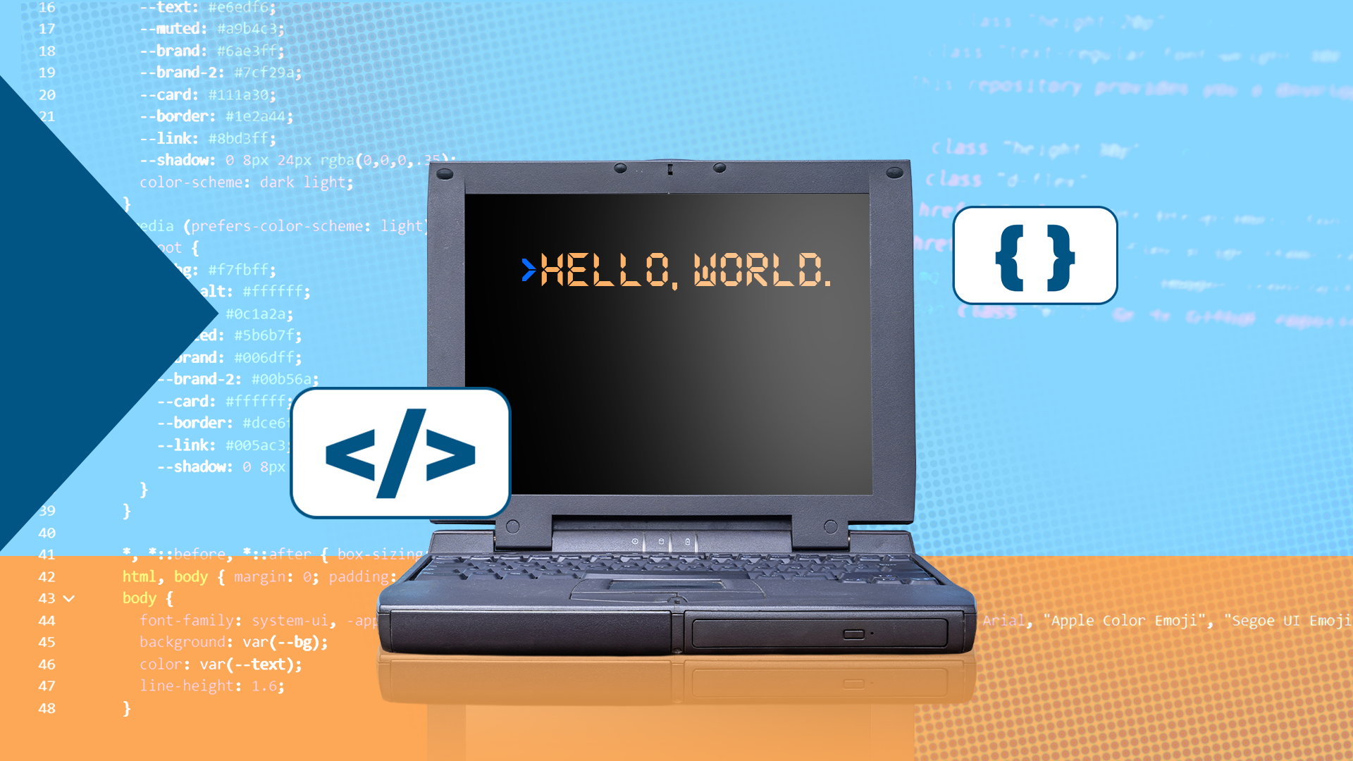 Old laptop displaying 'HELLO, WORLD' with coding icons floating over a blue and orange background containing faint code.