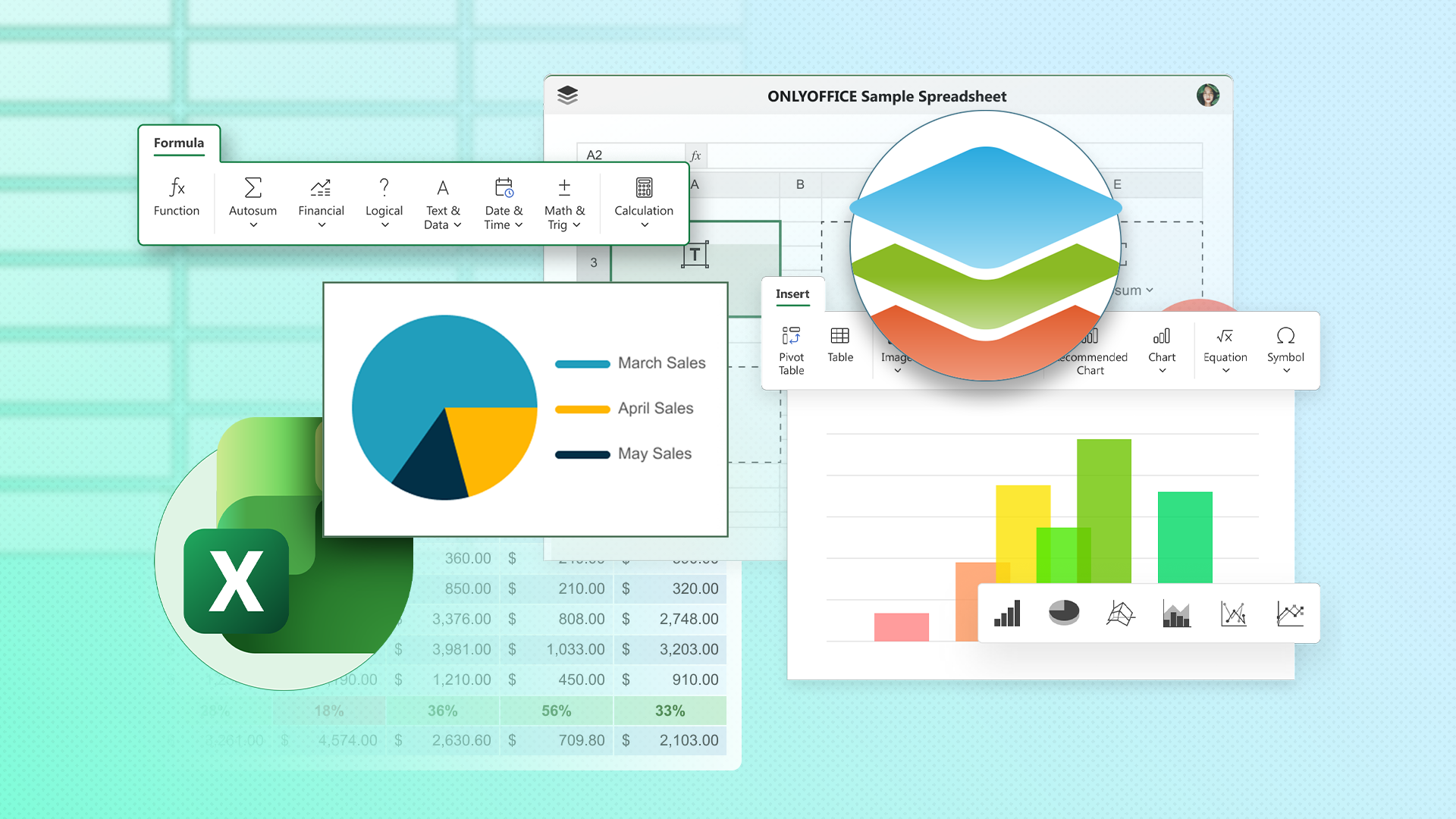 ONLYOFFICE and Microsoft Excel logos surrounded by floating spreadsheet charts and toolbars.