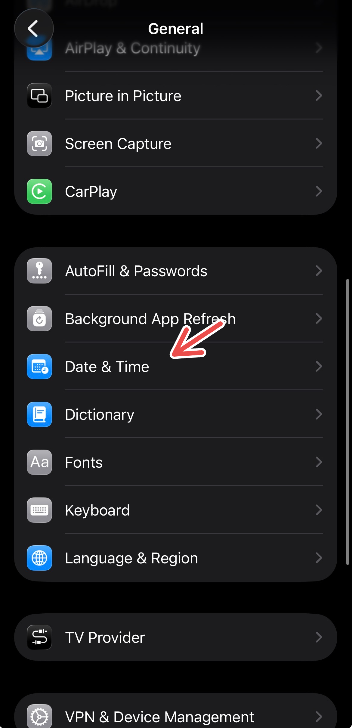 An iPhone screenshot with a red arrow pointing to 