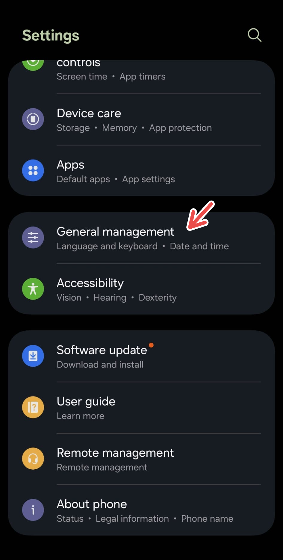 A Samsung Galaxy screenshot with a red arrow pointing to 