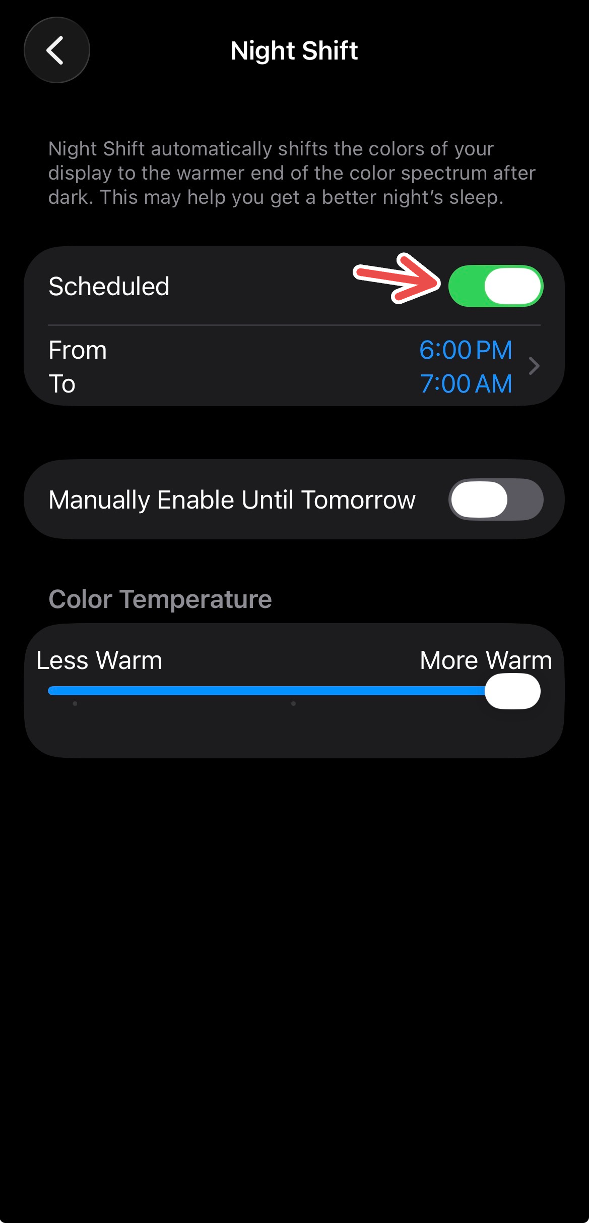 An iPhone screenshot with a red arrow pointing to the 