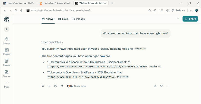 Perplexity Comet browser answering that it can see all open tabs in the browser.