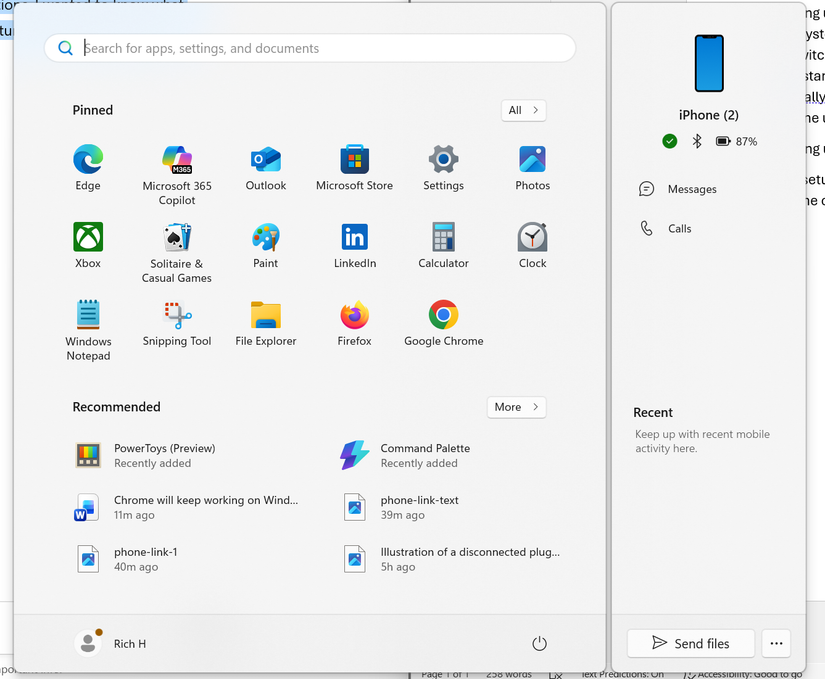 Uma captura de tela do menu Iniciar do Windows com o painel Phone Link mostrando sua conexão a um iPhone.