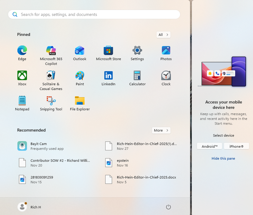 Uma captura de tela do menu Iniciar do Windows mostrando o painel Phone Link.