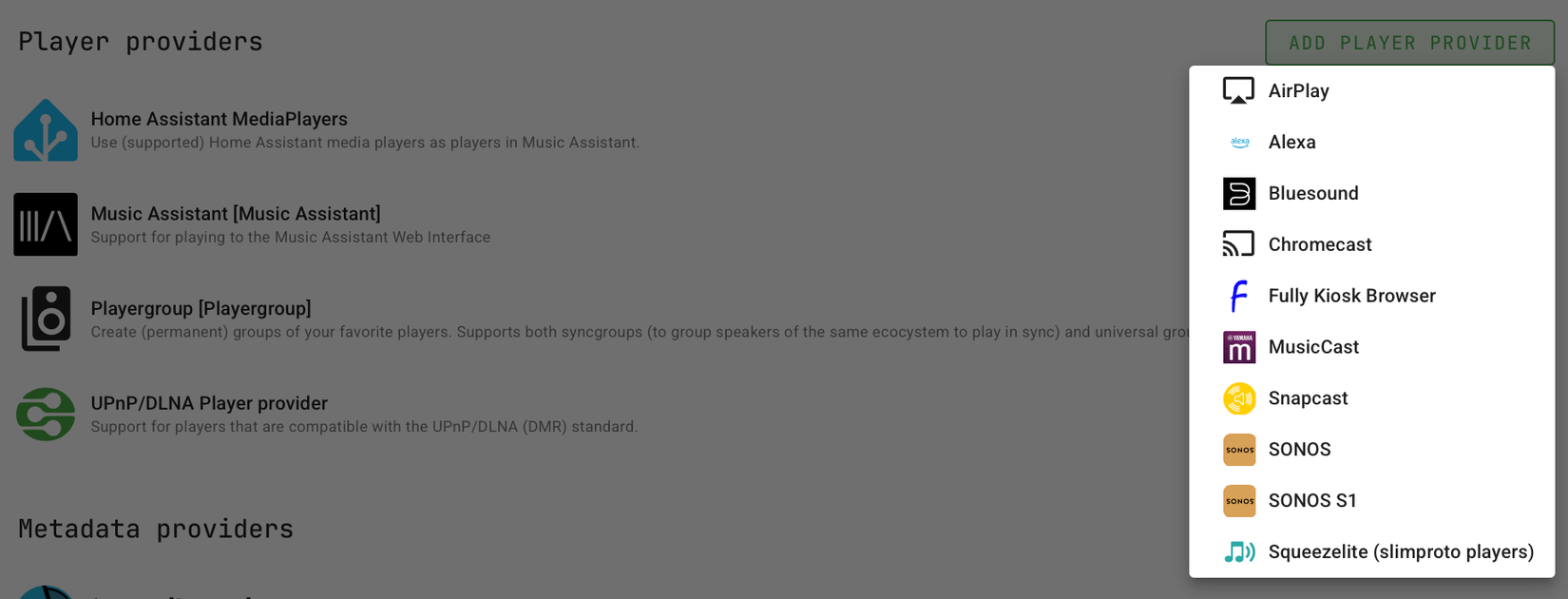 Player provider options in Music Assistant.