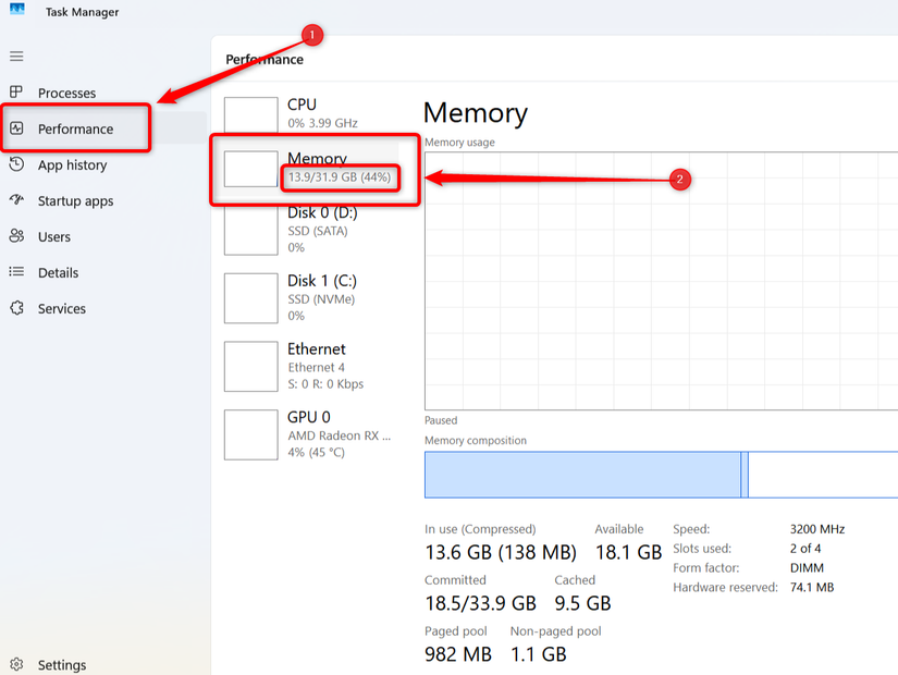 Task Manager window with memory tab active. 