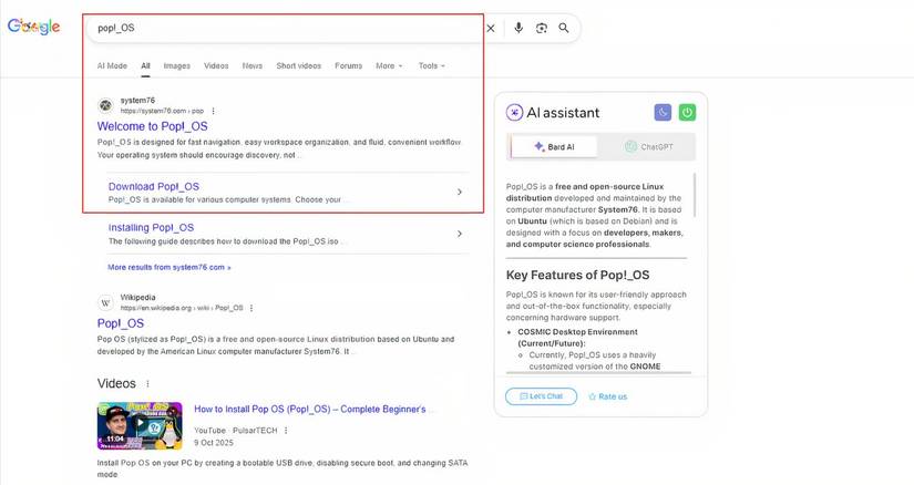 Captura de tela mostrando como é fácil fazer download do Pop-_OS na Pesquisa Google