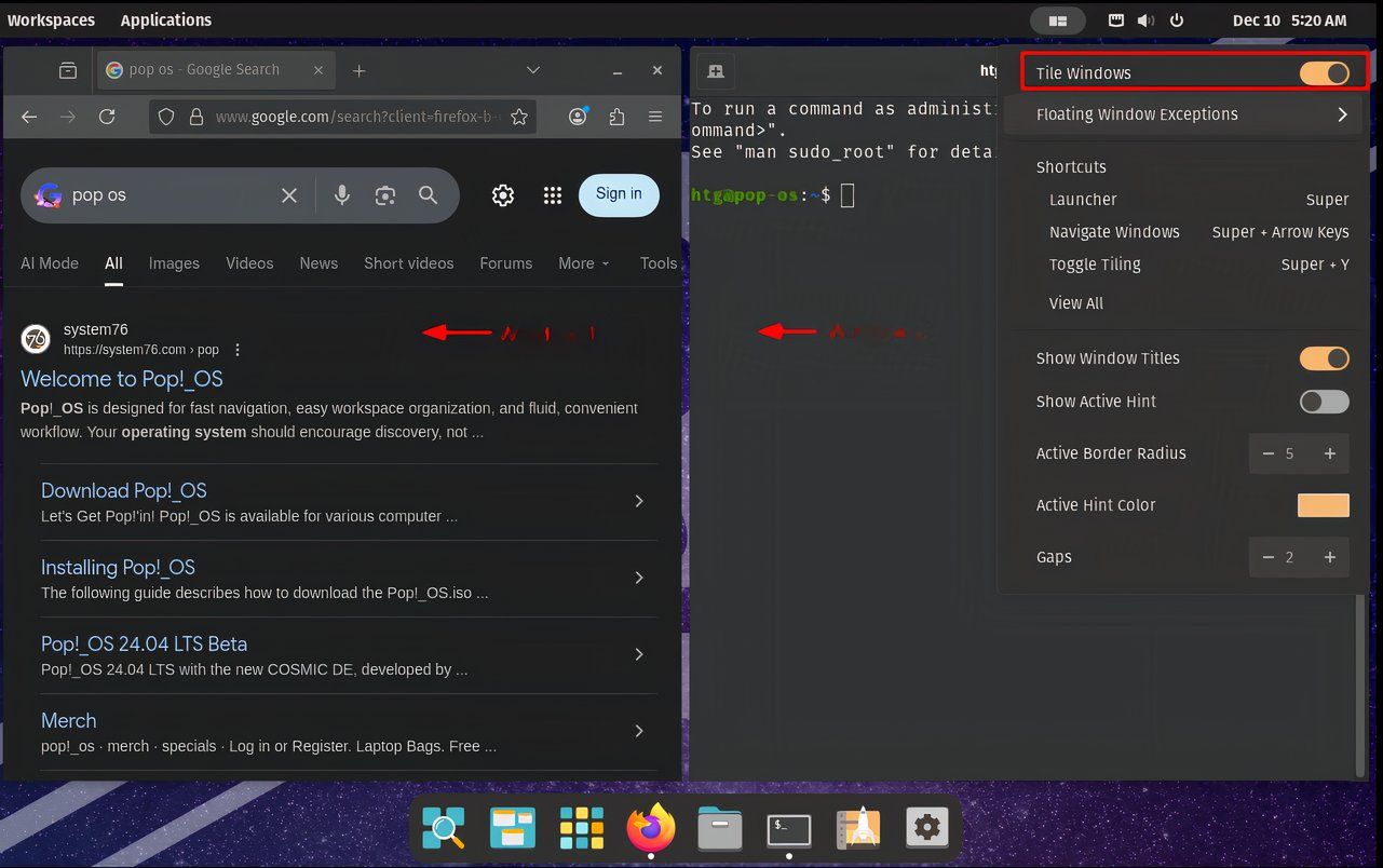 Pop!_OS window tiling feature toggle on with example