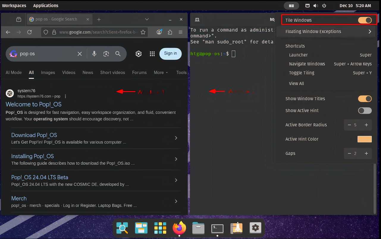 Pop!_OS window tiling feature toggle on with example