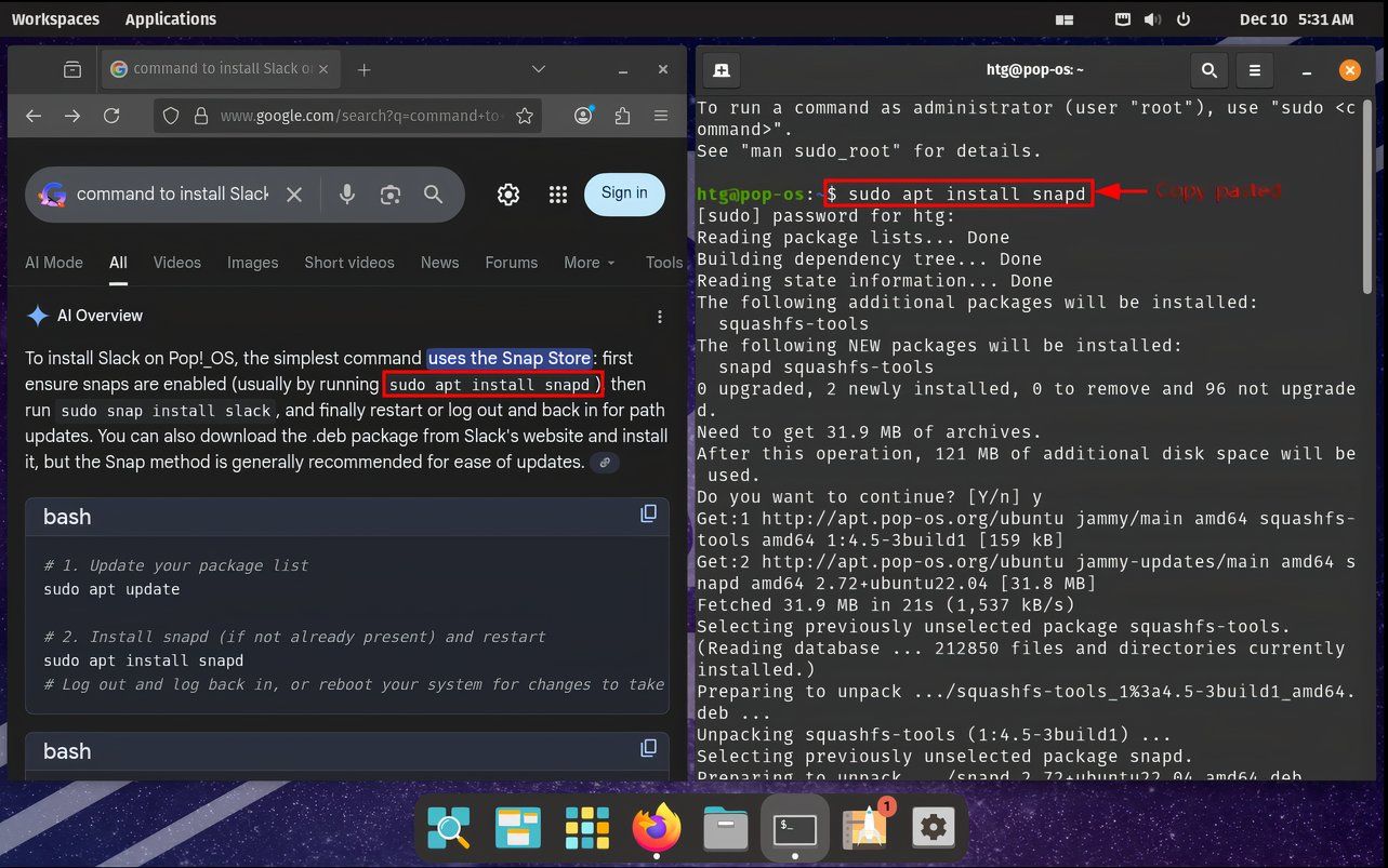 Pop!_OS window tiling feature with example of copy-pasting code