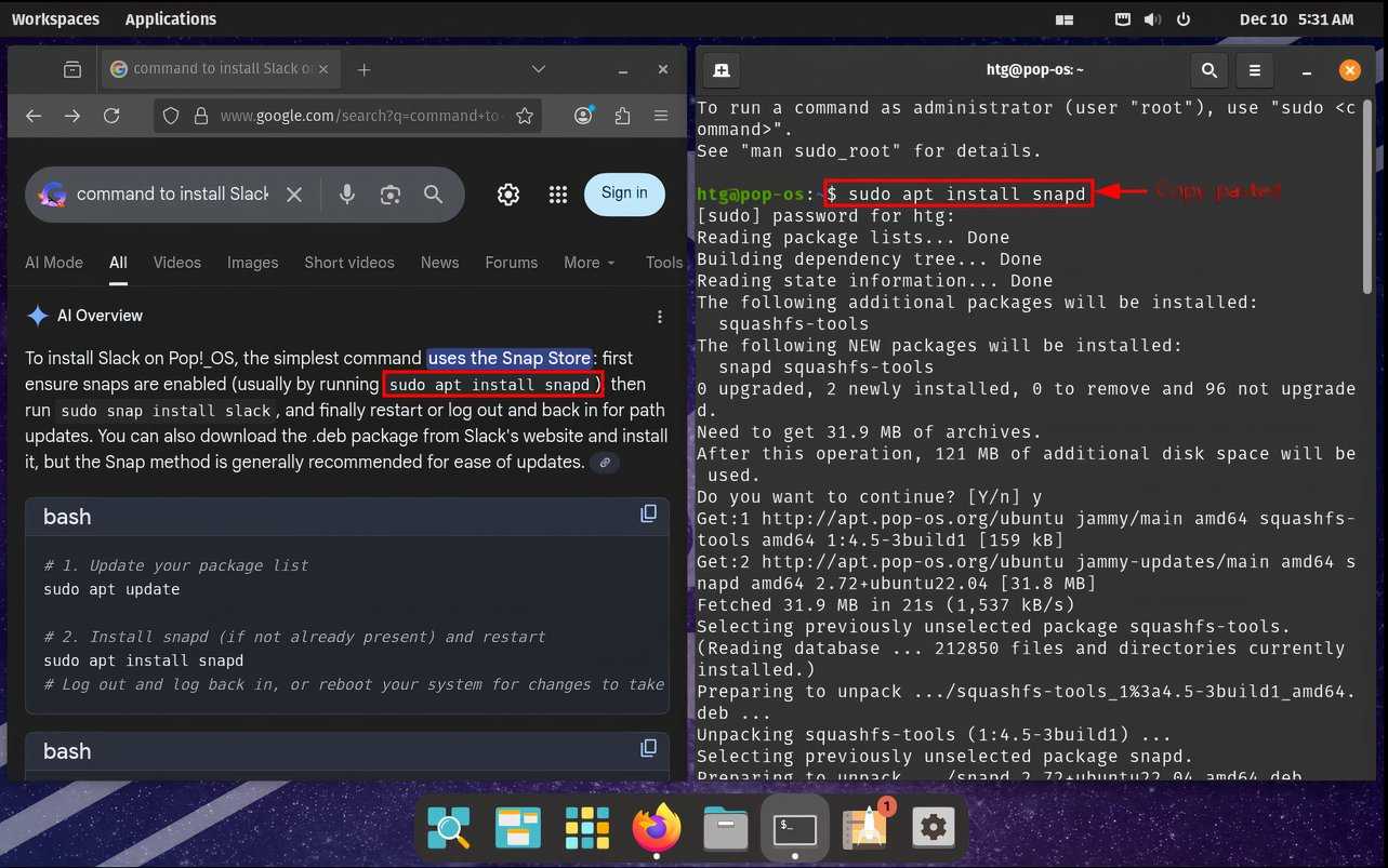 Pop!_OS window tiling feature with example of copy-pasting code
