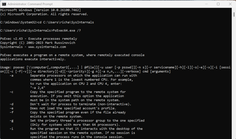 A screenshot of the Windows command line, with SysInternals PsExec open to the help page.