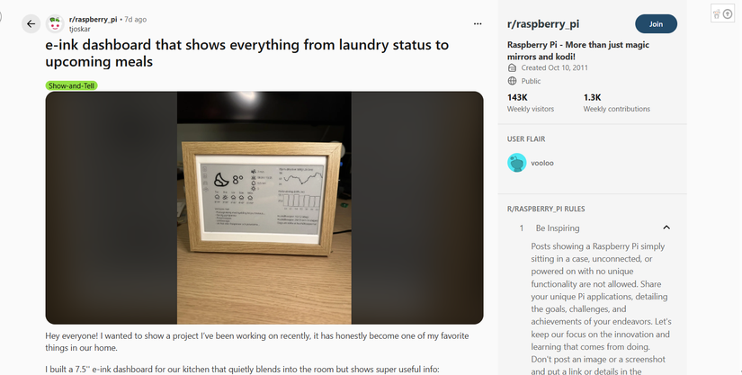 Raspberry Pi e-ink dashboard shared in a Reddit post.