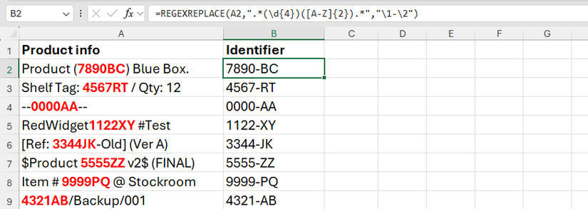 REGEXREPLACE used in Excel to extract and reformat an identifier from a messy text string.