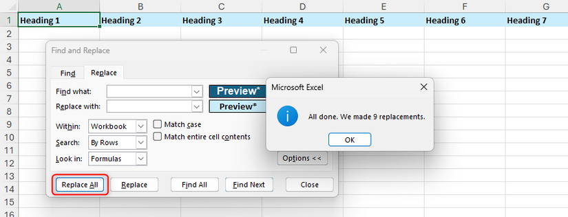 In Excel's Find and Replace dialog box, the Replace All option was selected, and Excel made nine formatting replacements.