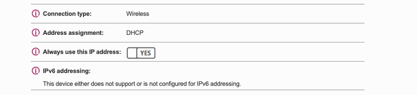 A router configuration form showing the “Always use this IP address” setting enabled.