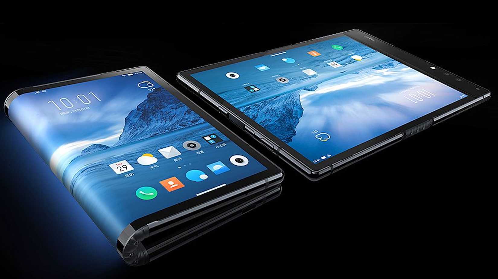 Two Royole FlexPai foldable phones, one folded and the second unfolded. 
