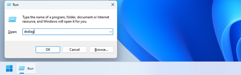 Executando o utilitário DirectX Diagnostics no menu Executar.