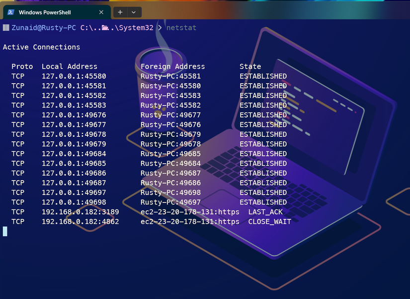 Executando o comando netstat para ver todas as conexões abertas.